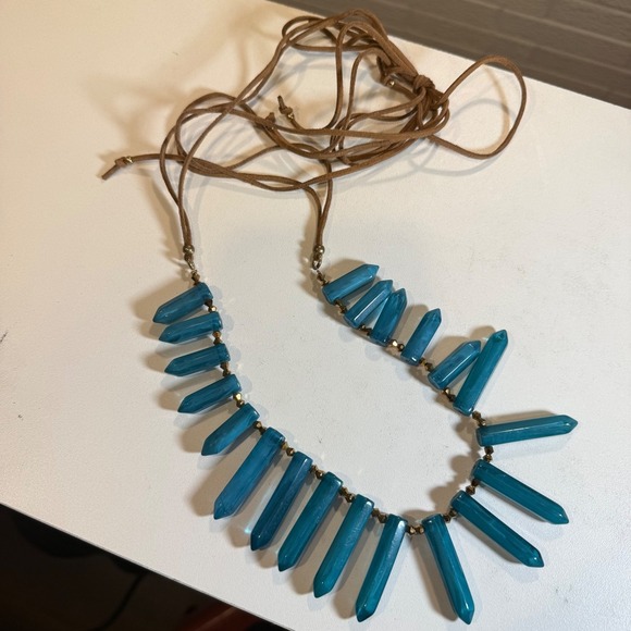 Boho Turquoise Stone Necklace Adjustable Brown Suede Cord Pendant Jewelry - Picture 4 of 4